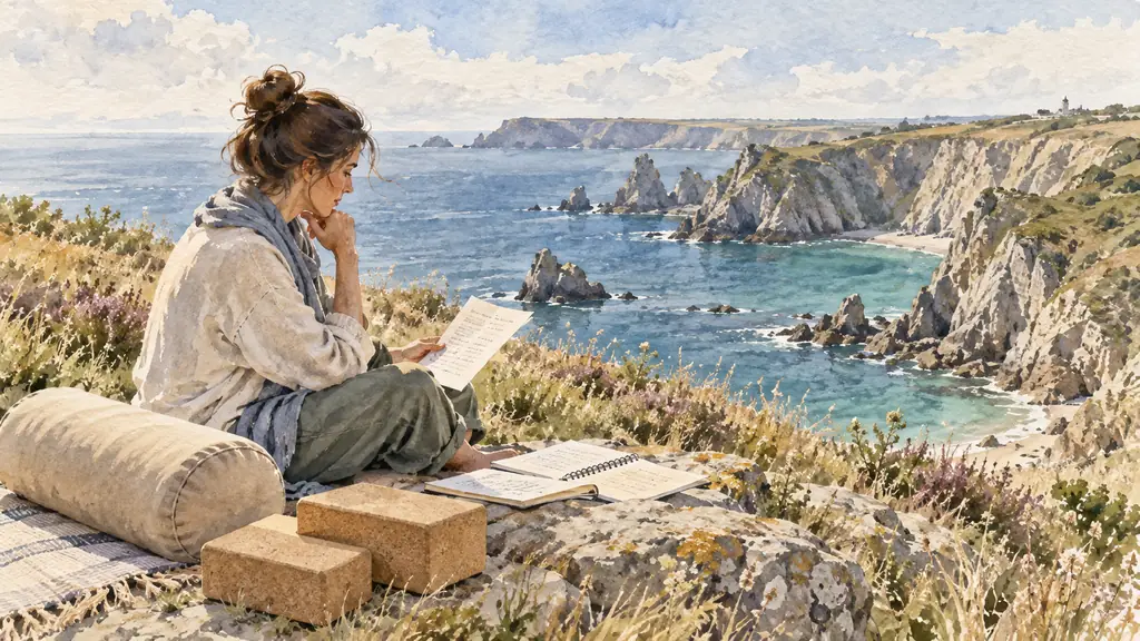 A woman comparing yoga retreat notes beside a bolster and yoga bricks, overlooking the rugged coastline of Crozon in Brittany