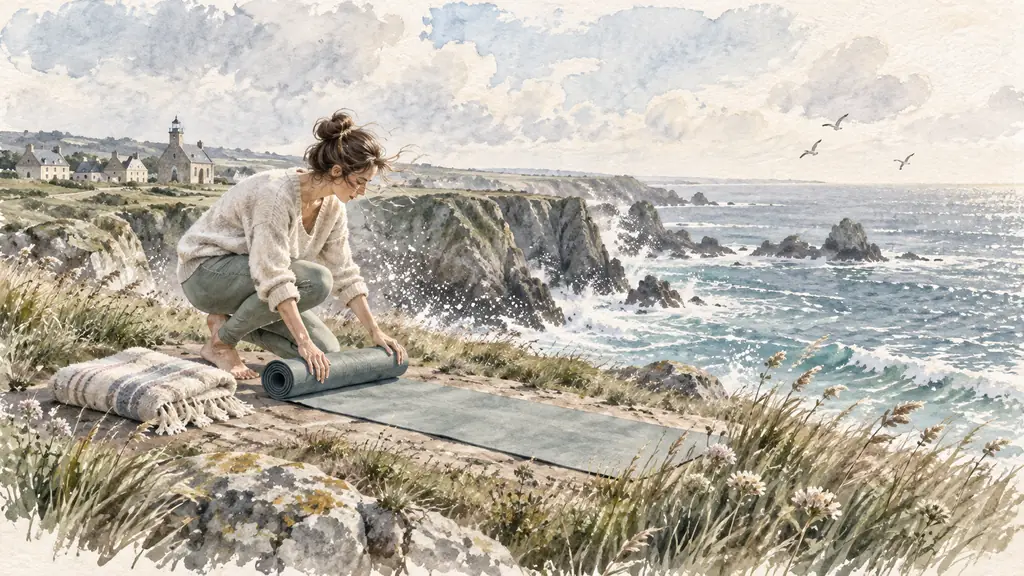 A woman unrolling a yoga mat on a Brittany cliff, ocean spray in the air and a folded blanket ready for Yoga Nidra