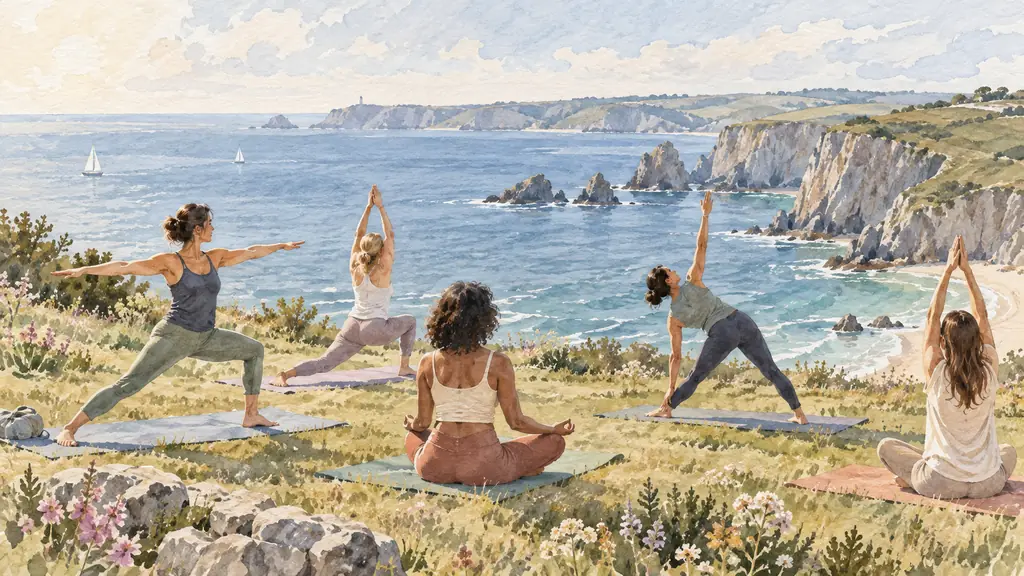women practicing yoga on mats above the Crozon coastline, Atlantic Ocean and rugged Breton cliffs in soft June morning light