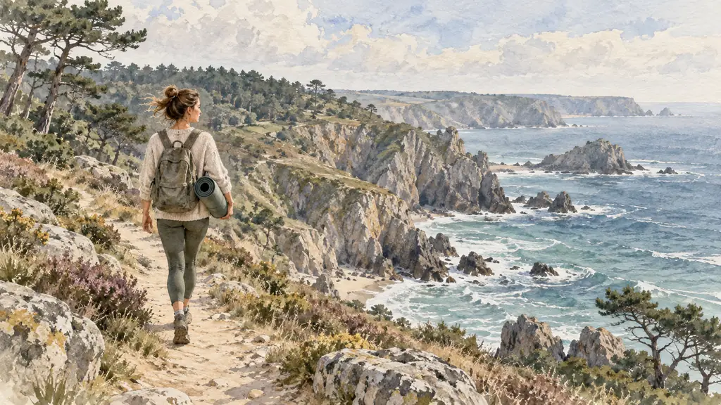 woman carrying a yoga mat along the rugged Crozon coastline, Atlantic waves below and a pine forest in the background