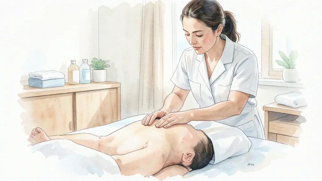 Editorial photograph of a calm massage consultation, therapist adjusting gentle hand pressure on the shoulders, soft natural light, neutral treatment room