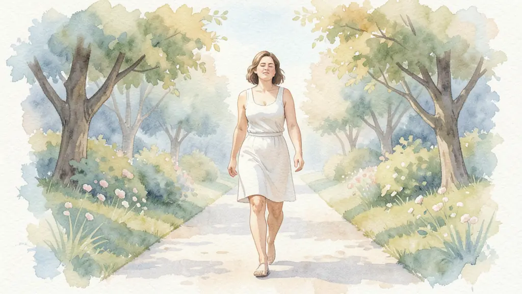 Editorial photograph of a woman taking a slow walk after a massage, relaxed breathing, quiet garden path, soft afternoon light