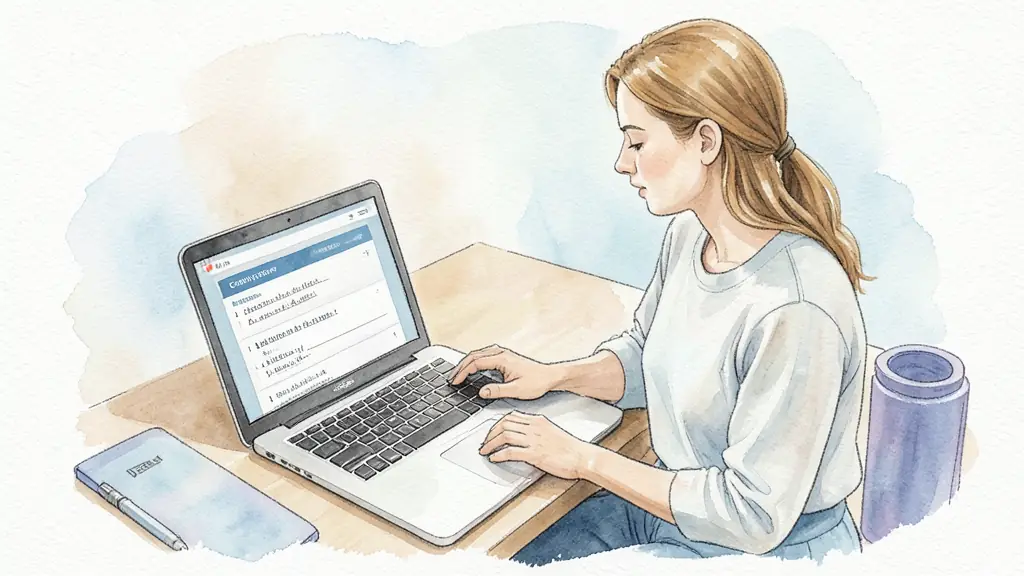Woman comparing coaching service details on a laptop, notebook with handwritten questions, home workout mat nearby