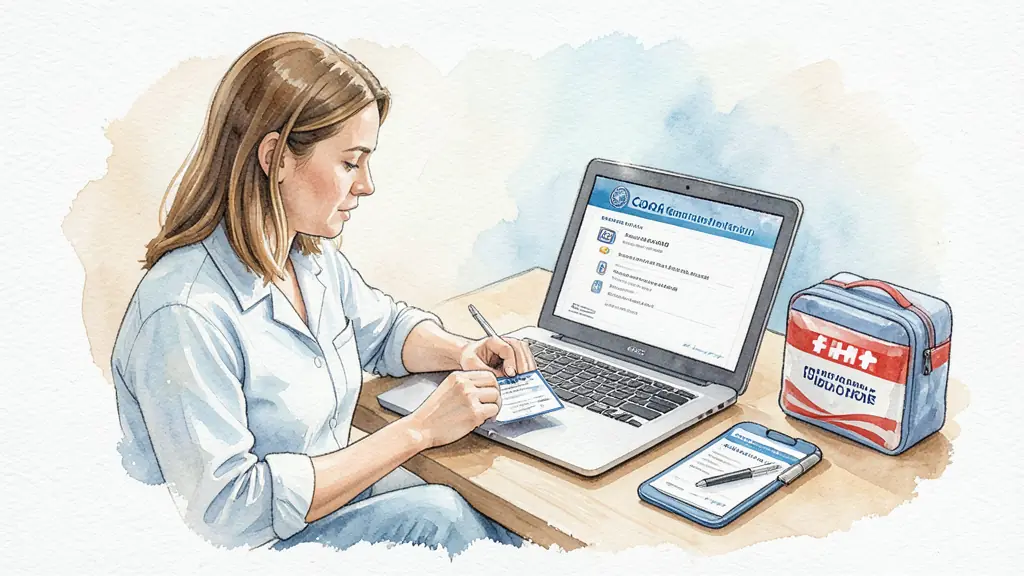 Female client reviewing a coach credential card, official directory open on laptop, first aid kit beside training equipment