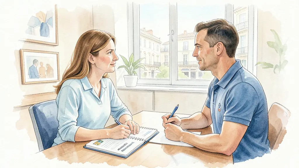 Editorial photograph of a woman comparing four coaching options in a notebook, seated across from a coach in a bright Marseille office, confidential face-to-face setting