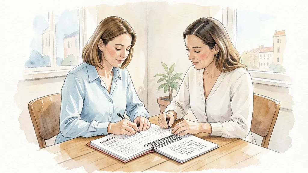 Editorial photograph of two women reviewing a coaching checklist at a wooden table, notebook with questions, calm professional consultation in Marseille