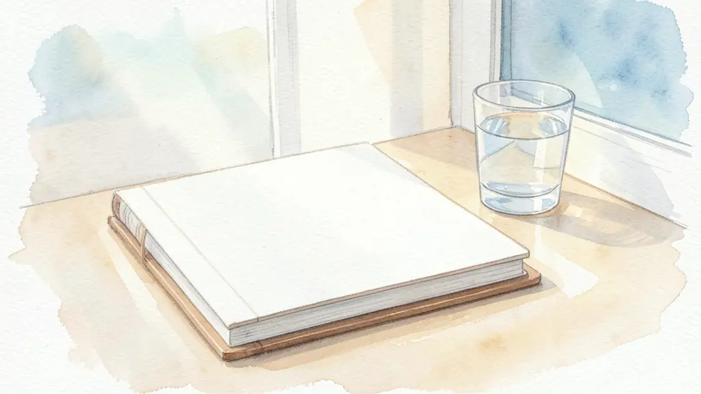 A serene morning scene with a minimalist journal, a glass of water, and soft natural light filtering through a window, editorial style, high quality