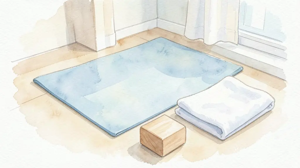 A peaceful indoor scene with a yoga mat, a wooden block, and a soft towel, focusing on accessibility and gentle support for beginners.