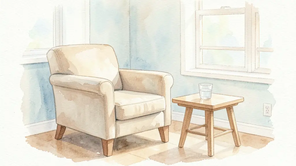 A professional and warm therapy office, soft natural light, a comfortable armchair and a small wooden table with a glass of water, serene and safe atmosphere