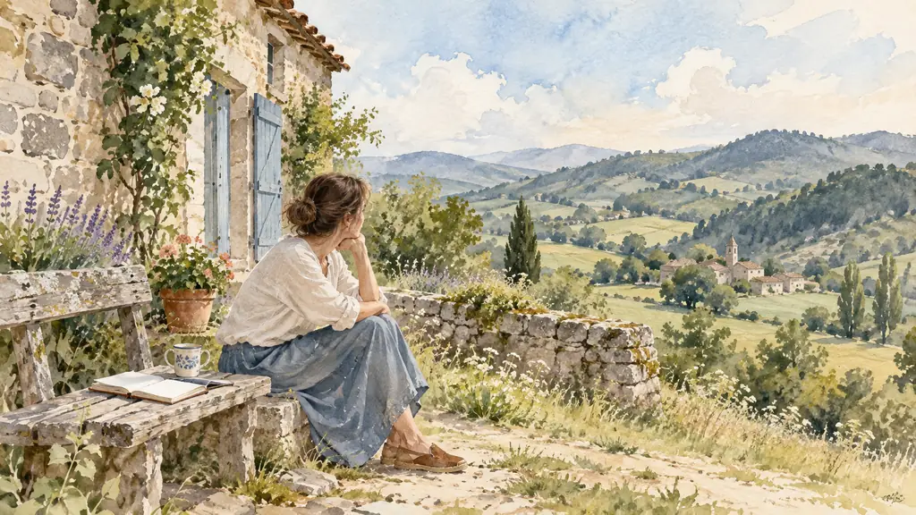 Woman sitting quietly beside a stone farmhouse in Haute-Loire countryside, green hills and a notebook on a wooden bench