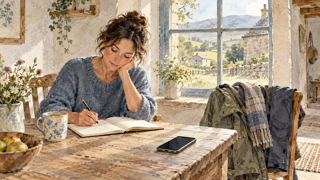 Woman writing in a notebook near a farmhouse window, walking clothes on a chair and a switched-off smartphone on the table