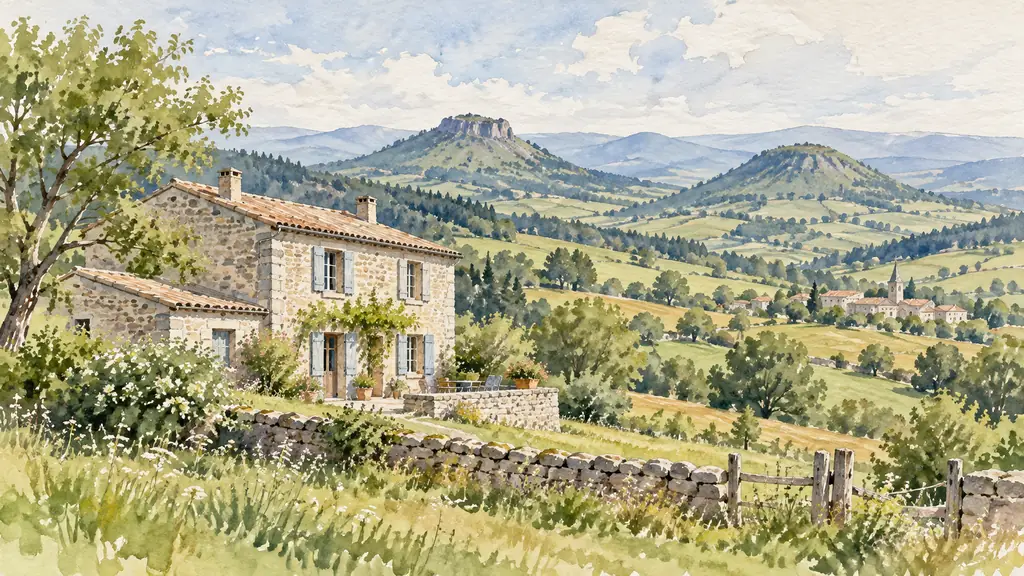 Rural guesthouse in Saint-Julien-Chapteuil surrounded by green fields and Haute-Loire hills, peaceful editorial photography