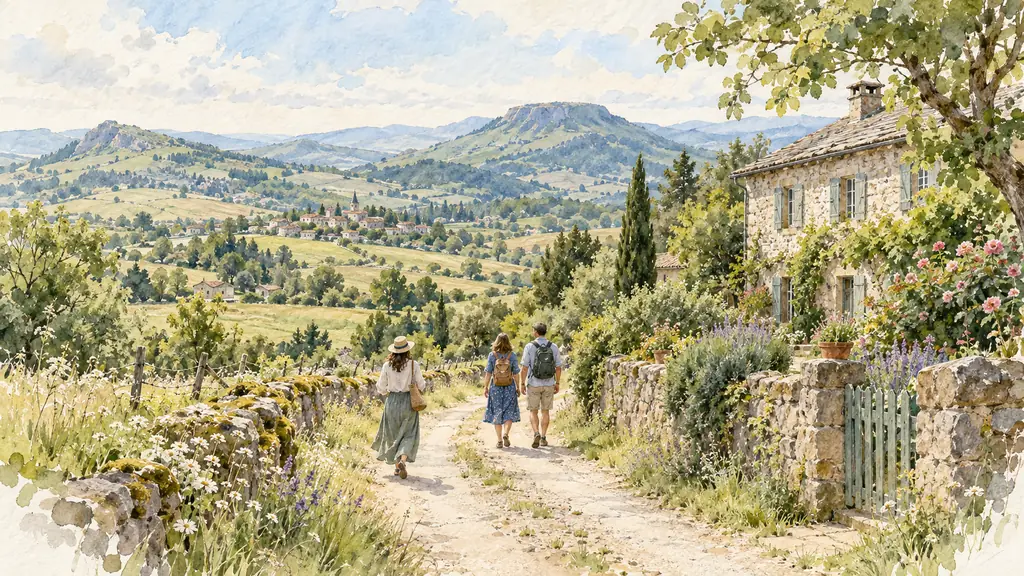 Woman and couple walking quietly near a rural Haute-Loire guesthouse, green landscape and volcanic hills, natural editorial photography