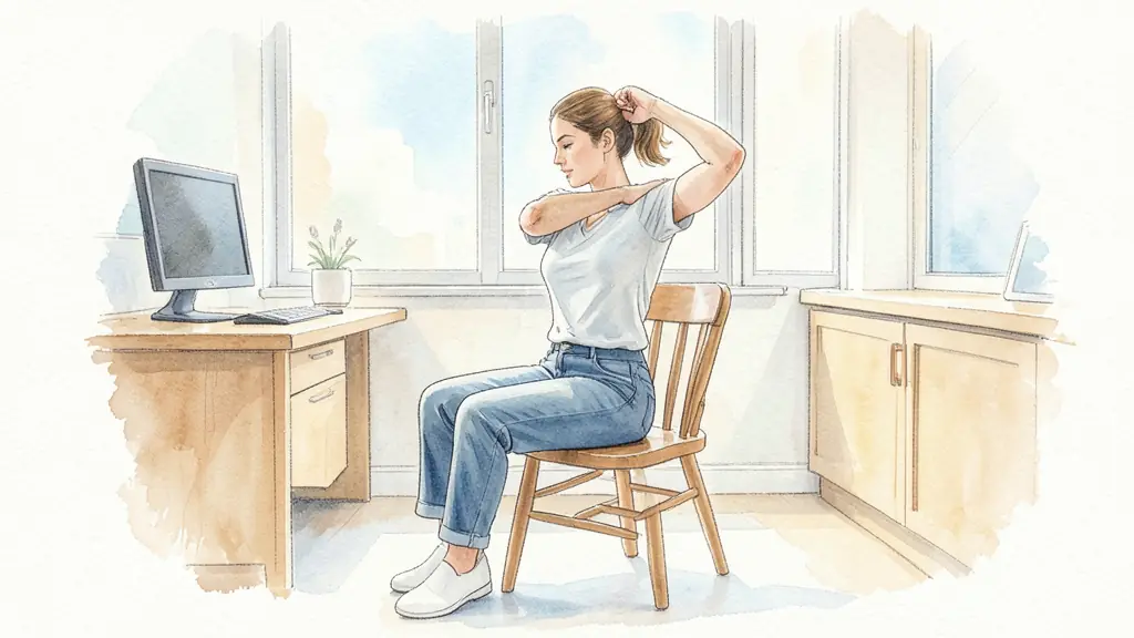 A woman sitting on a simple wooden chair without armrests in a bright office, performing a gentle shoulder stretch, focusing on posture and alignment, editorial style, natural light