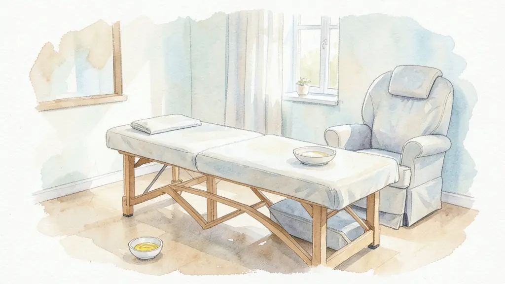 Editorial photograph of a calm massage studio with a padded treatment table, a seated massage chair and a small bowl of massage oil, natural light, no text or logo