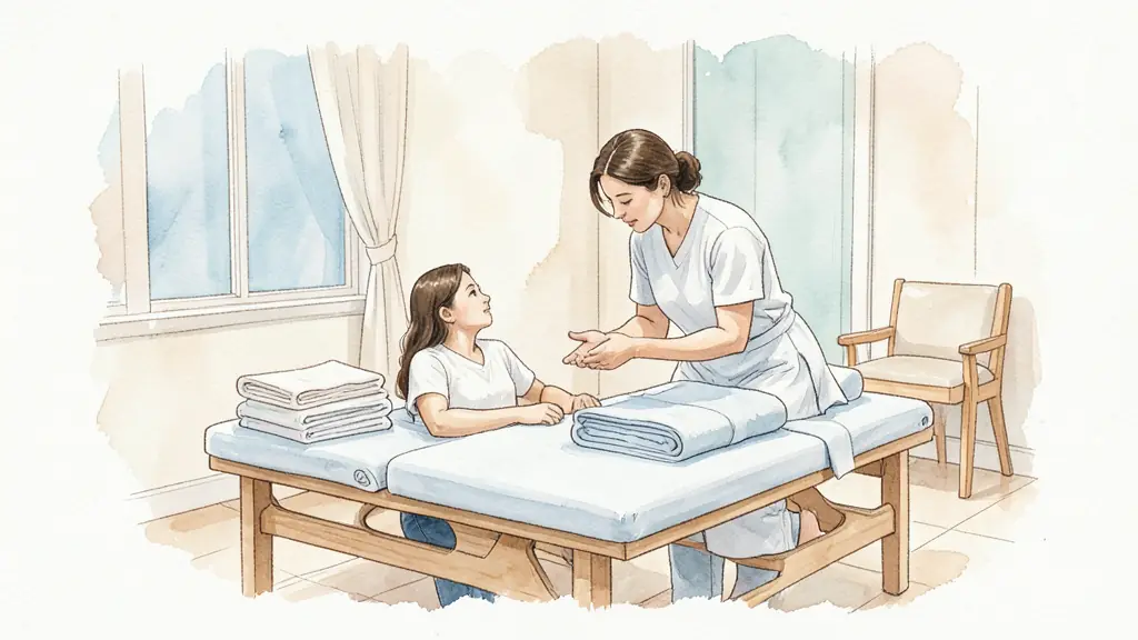 Editorial photograph of a practitioner discussing consent with a client beside a massage table, clean folded linens and a private consultation area, no text or logo