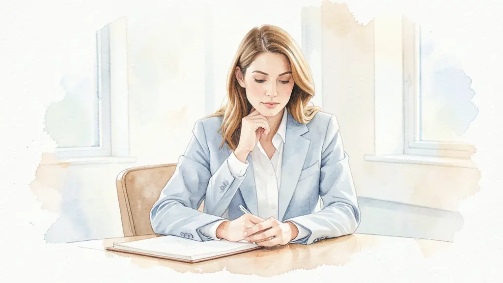 A professional woman sitting in a bright, minimalist office, looking thoughtfully at a notebook, soft natural light, editorial photography