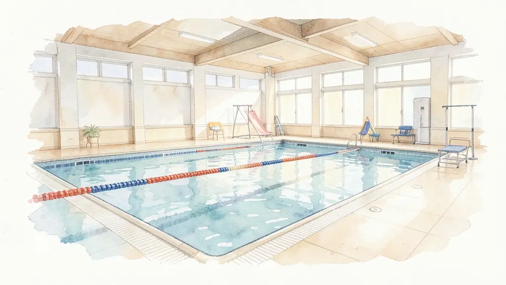 Editorial photograph of an indoor swimming pool with lane ropes, a shallow activity area and water exercise equipment, no text, no logo