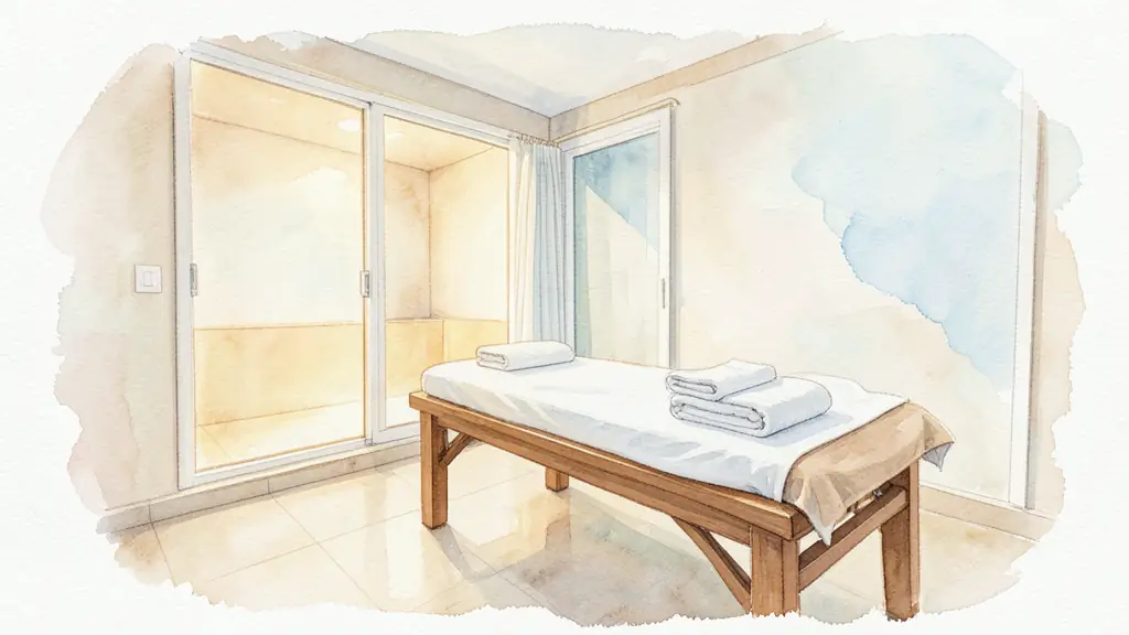 Editorial photograph of a quiet wellness area with heated relaxation space, massage table and folded towels, no text, no logo