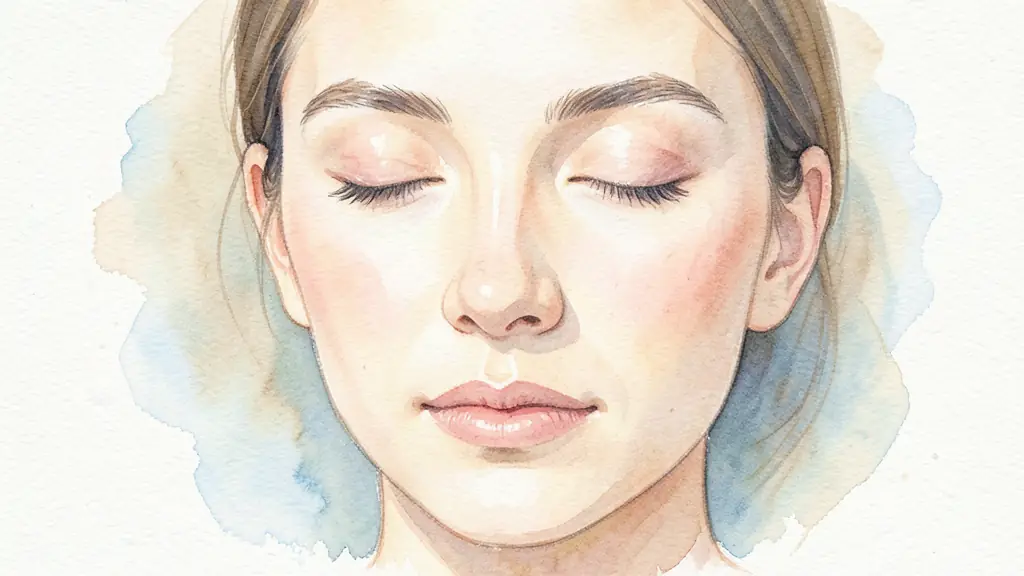 A close-up of a woman's serene face with closed eyes, soft natural lighting, focusing on the relaxed jaw and nostrils, atmosphere of deep calm and inner peace