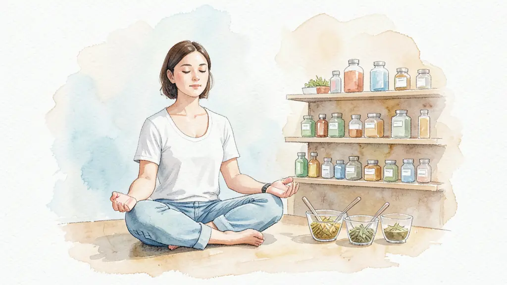 A woman practicing seated meditation beside a natural cosmetics display and herbal tasting cups, editorial photography, no text, no logo