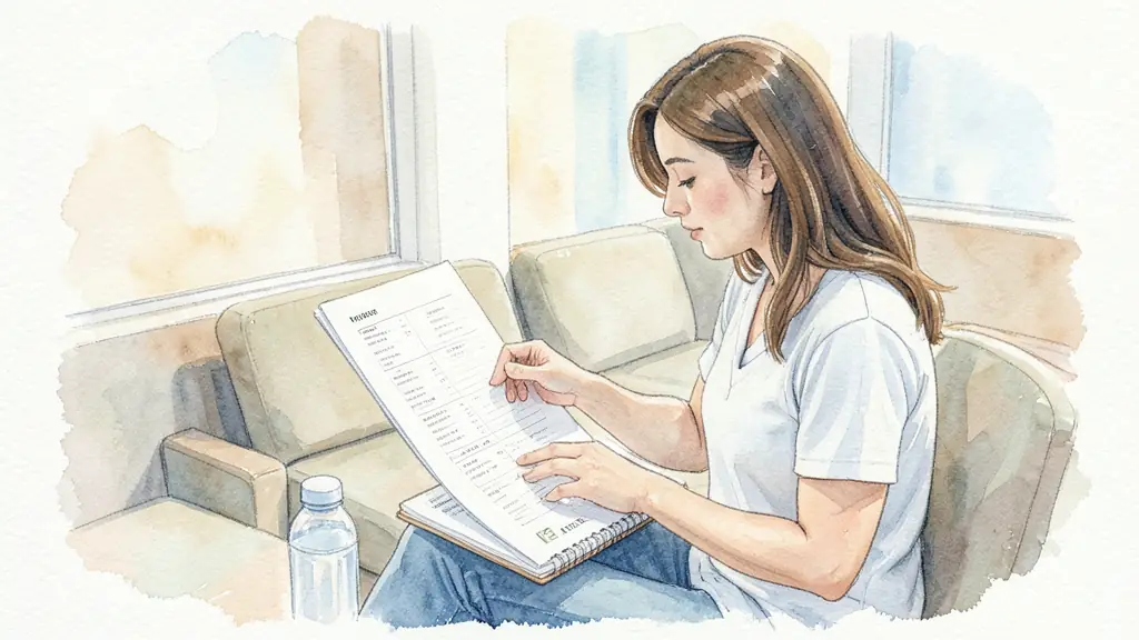 A woman reviewing a printed event schedule in a quiet seating area with a notebook and water bottle, editorial photography, no text, no logo